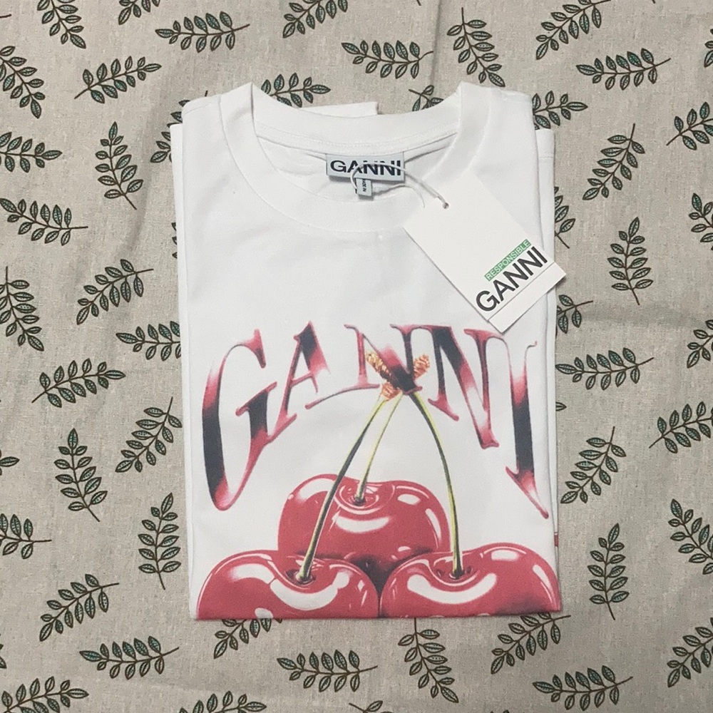 Ganni white Tee with Red cherries NWT